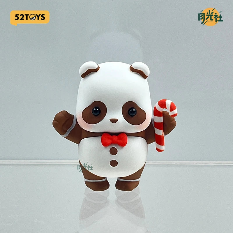 A cute panda blind box figure dressed in a brown suit and red bow tie, holding a red and white striped candy cane.