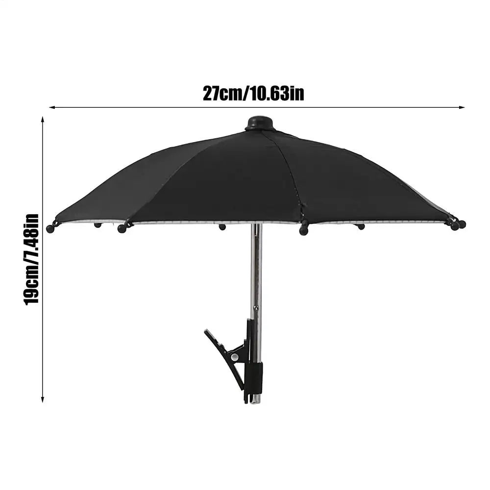 Schwarzer Clip-on-Handy-Sonnenblende mit 27 cm Durchmesser und 19 cm Höhe.