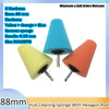 Three conical polishing sponges in yellow, orange, and blue with hexagonal rods for automotive detailing