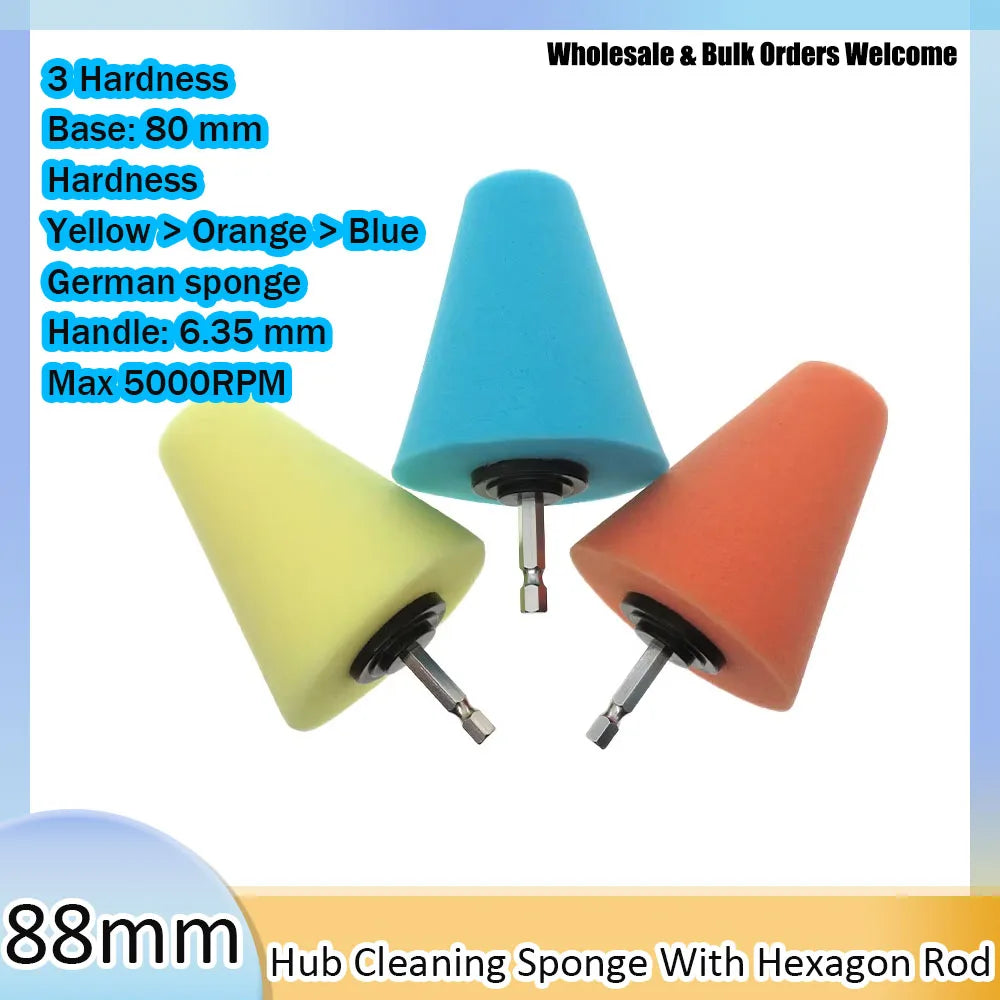 Three conical polishing sponges in yellow, orange, and blue with hexagonal rods for automotive detailing