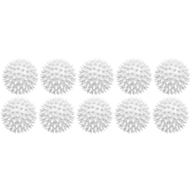 A row of white, spherical laundry balls designed for tangle-free washing and softening.