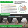 LED under-cabinet light fixture showing three color options and brightness adjustment features