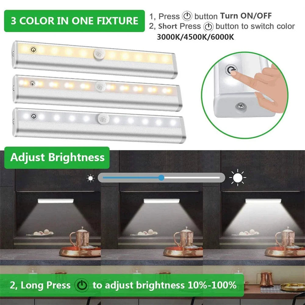LED under-cabinet light fixture showing three color options and brightness adjustment features