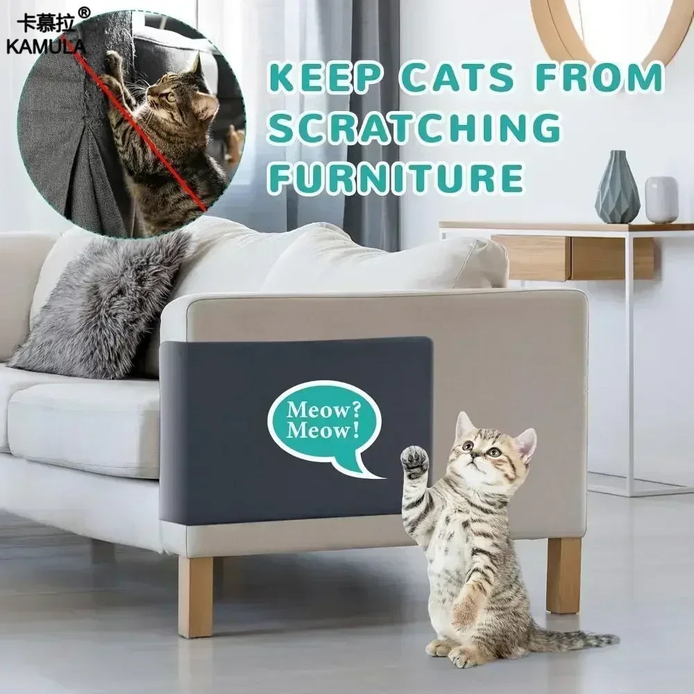 A cat is sitting on a protective mat placed on a sofa, preventing scratches on the furniture.