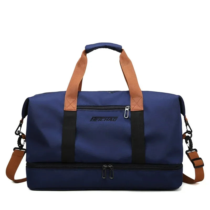 Navy blue large capacity water-resistant travel duffle bag with brown handles and black accents