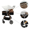 A foldable stroller sun shade with a canopy and storage basket shown in various views.