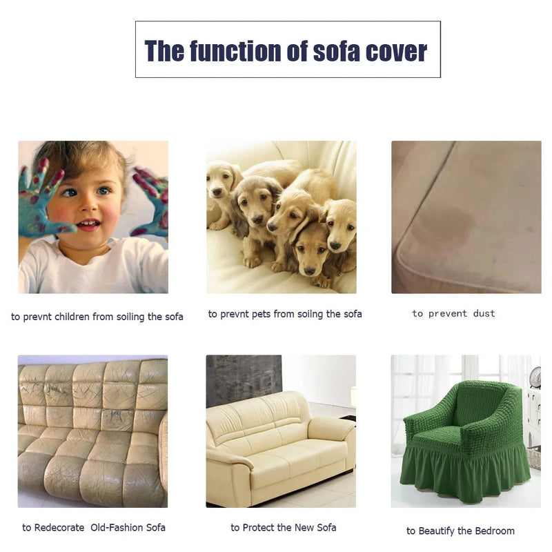 Seersucker Grid Sofa Cover with Anti-Slip Skirt