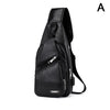 Black men's crossbody sling bag made of water-resistant nylon with a visible USB port.