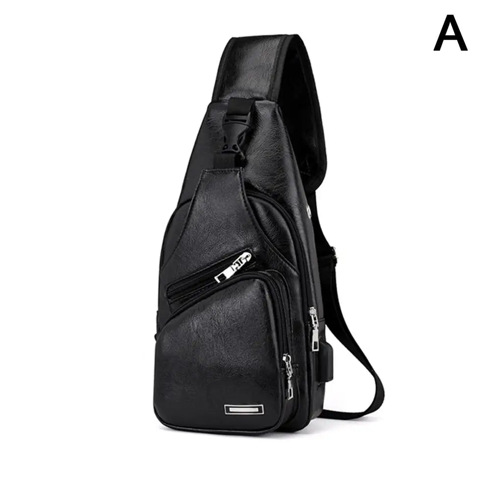 Black men's crossbody sling bag made of water-resistant nylon with a visible USB port.