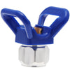 Blue airless paint sprayer extension pole with a metal fitting and handle.