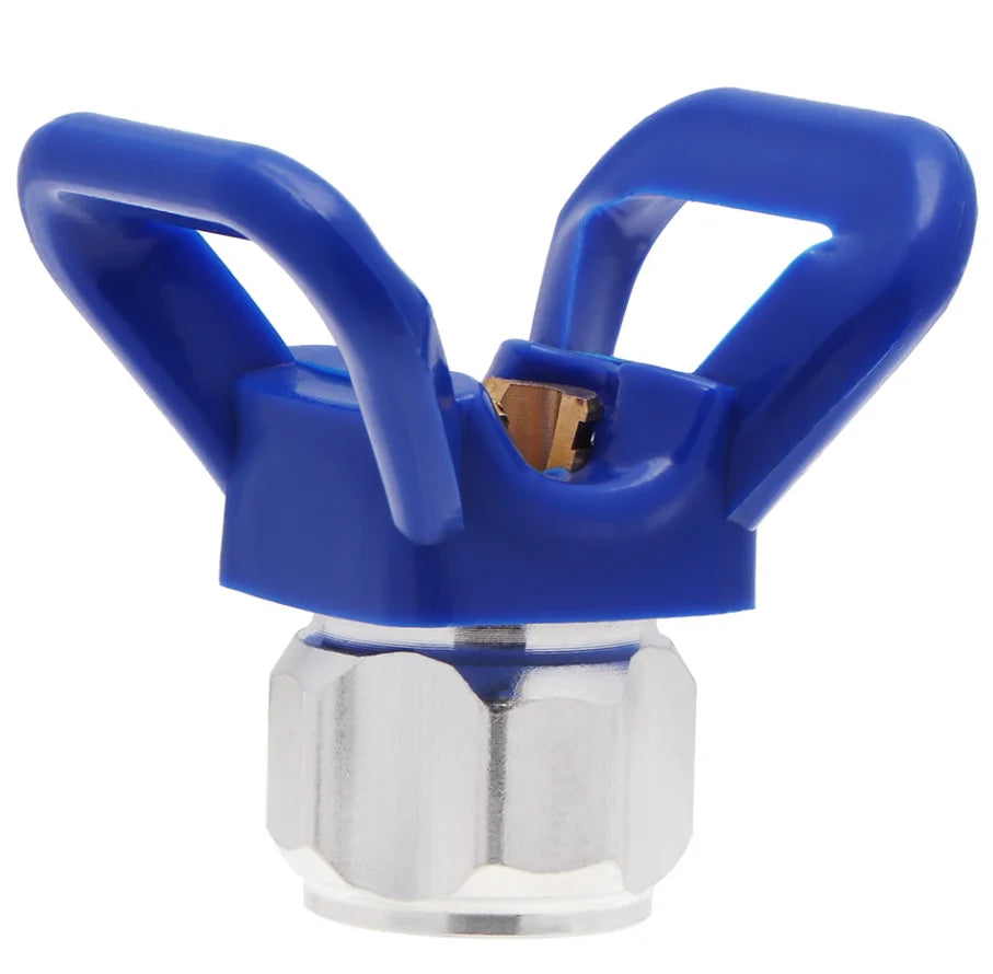 Blue airless paint sprayer extension pole with a metal fitting and handle.