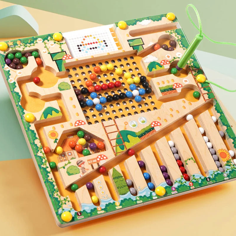 A wooden magnetic color sorting maze board with various colored beads and wooden pathways for learning.