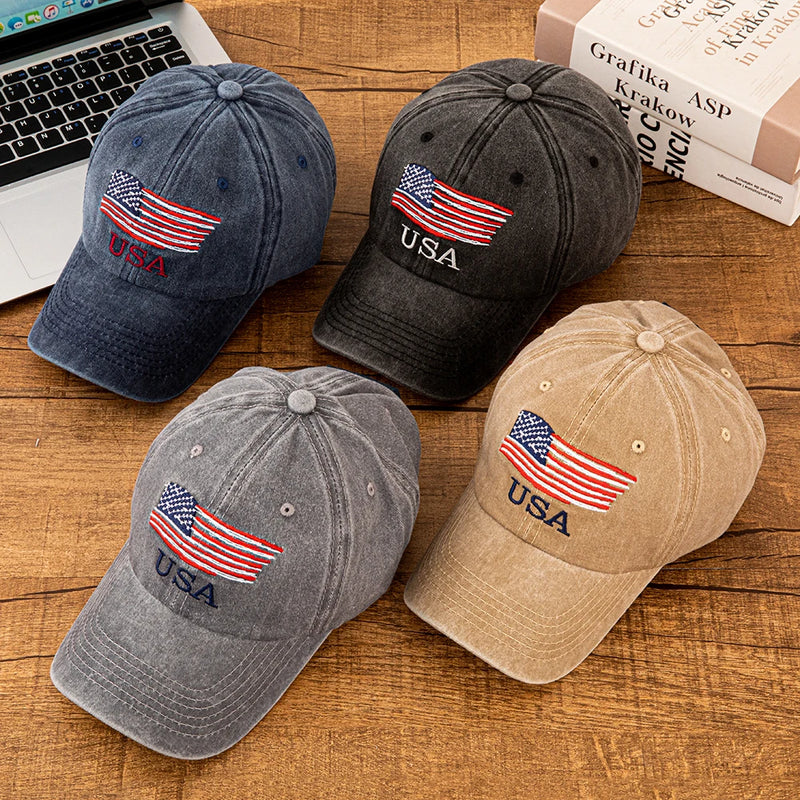 Vintage Washed Cotton Baseball Cap with Embroidered American Flag