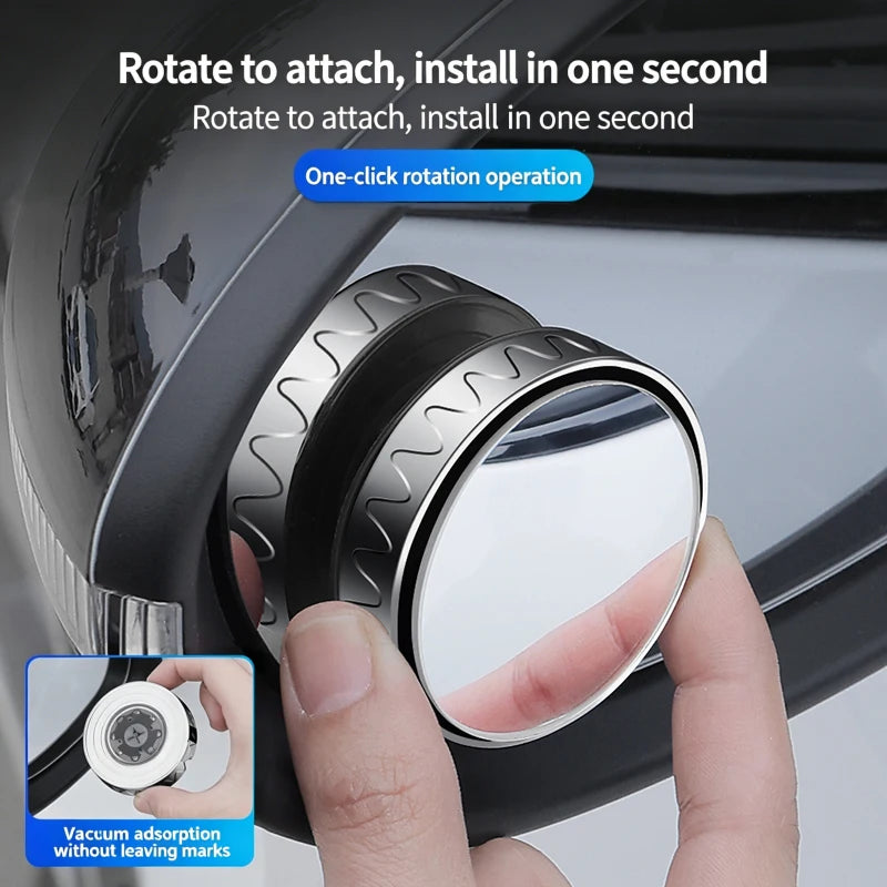 A hand rotates a suction cup mirror attachment for a car, demonstrating a one-click rotation operation.