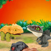 A collection of mini finger dinosaur toys featuring various prehistoric creatures like a yellow dinosaur, a gray dinosaur, an