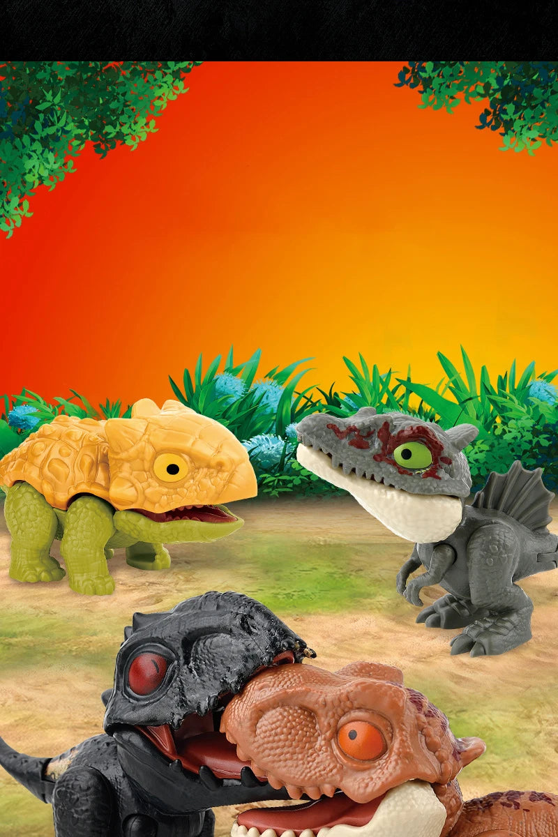 A collection of mini finger dinosaur toys featuring various prehistoric creatures like a yellow dinosaur, a gray dinosaur, an
