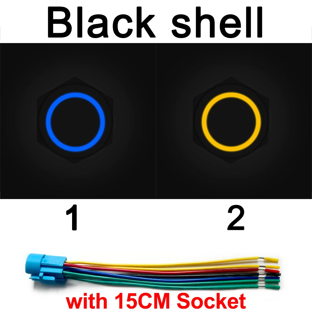 Zwei schwarze Gehäuse mit blau-gelben LED-Lichtern, ausgestattet mit einer 15cm-Buchse.