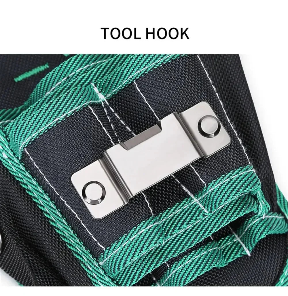 A silver tool hook is attached to a black canvas bag with green cord, used for securing tools.