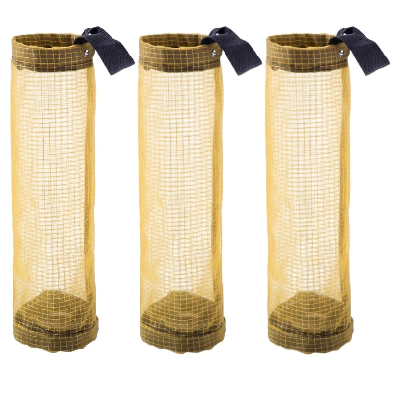 Three wall-mounted mesh bag dispensers with yellow fabric and dark gray straps.