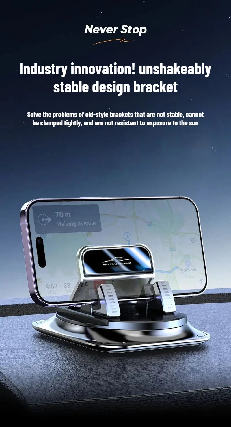 A silver anti-slip dashboard phone mount is shown mounted on a car dashboard, with a smartphone displaying a map.