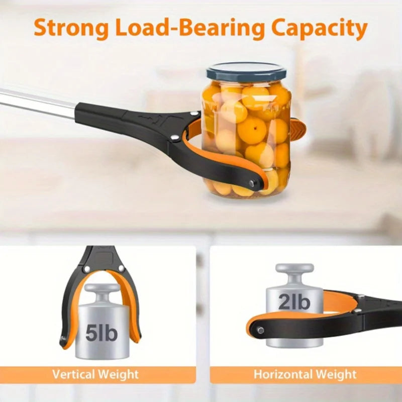 A black and orange heavy-duty reacher grabber tool is shown next to a jar of preserves, demonstrating vertical and horizontal