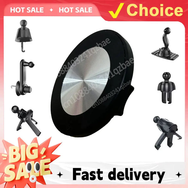 A set of magnetic car phone mounts including a main mount and various attachment options for mobile phones.
