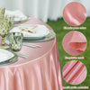 Pink satin tablecloth draped on a table with place settings and close-ups of the fabric texture