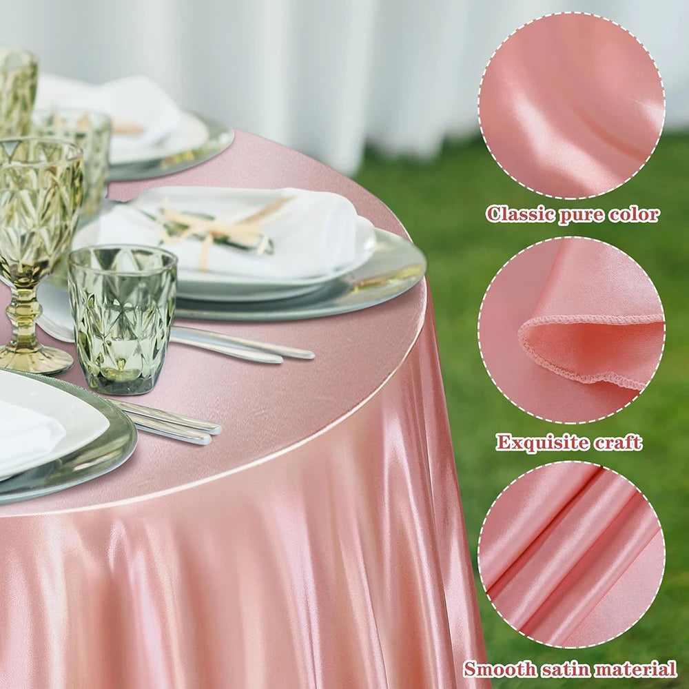 Pink satin tablecloth draped on a table with place settings and close-ups of the fabric texture