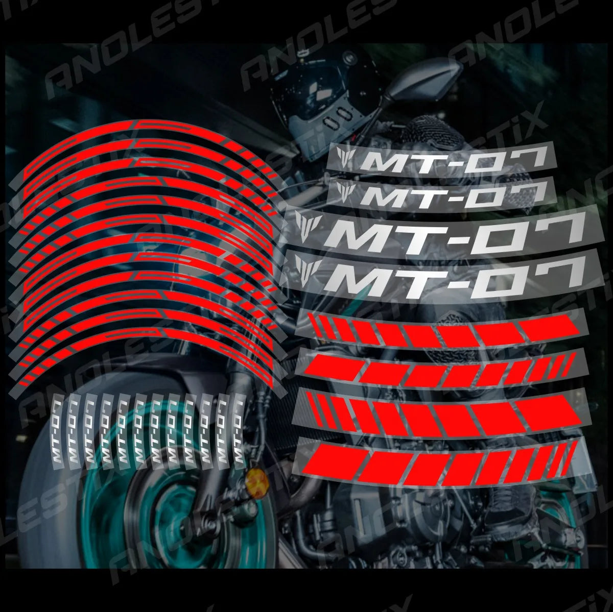 Close-up of a motorcycle wheel with red and black reflective decals for the Yamaha MT-07 rim.