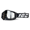 A pair of black off-road motorcycle goggles with a clear lens and a black strap featuring the number 100.