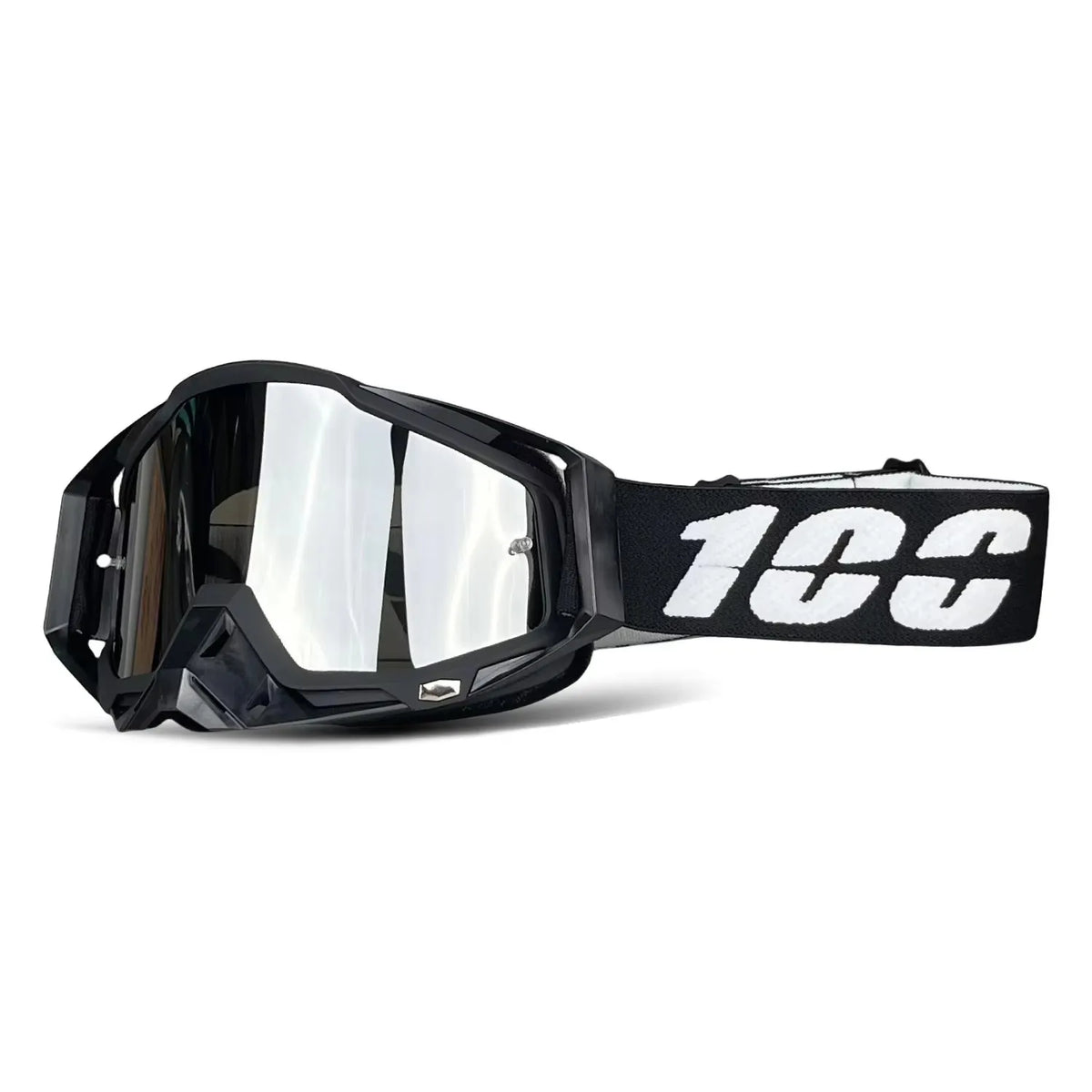 A pair of black off-road motorcycle goggles with a clear lens and a black strap featuring the number 100.