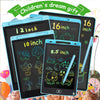A set of five black and blue LCD writing tablets for children with stylus pens displayed on a green background.