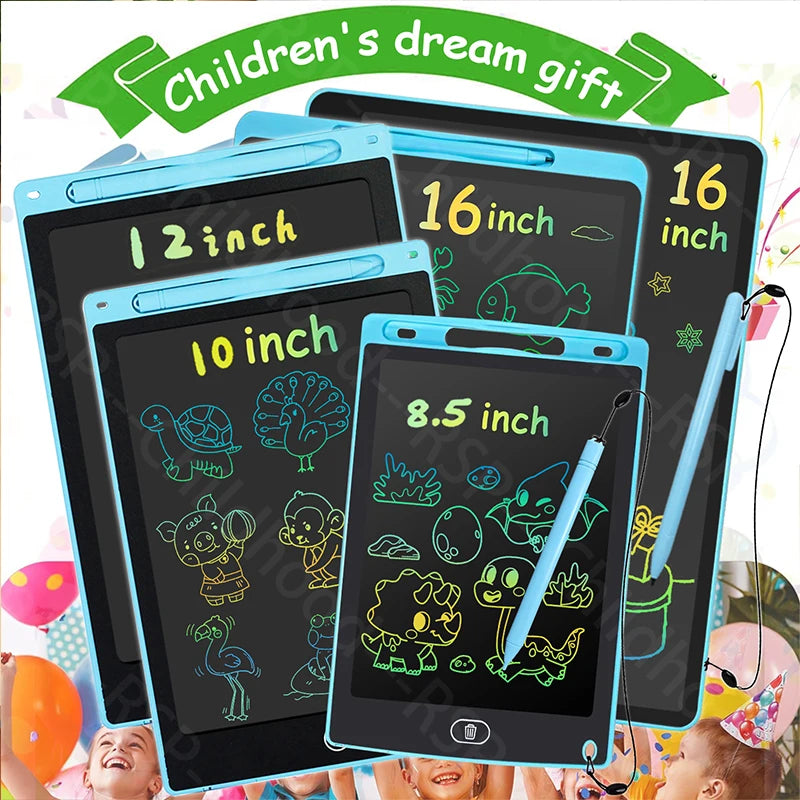 A set of five black and blue LCD writing tablets for children with stylus pens displayed on a green background.