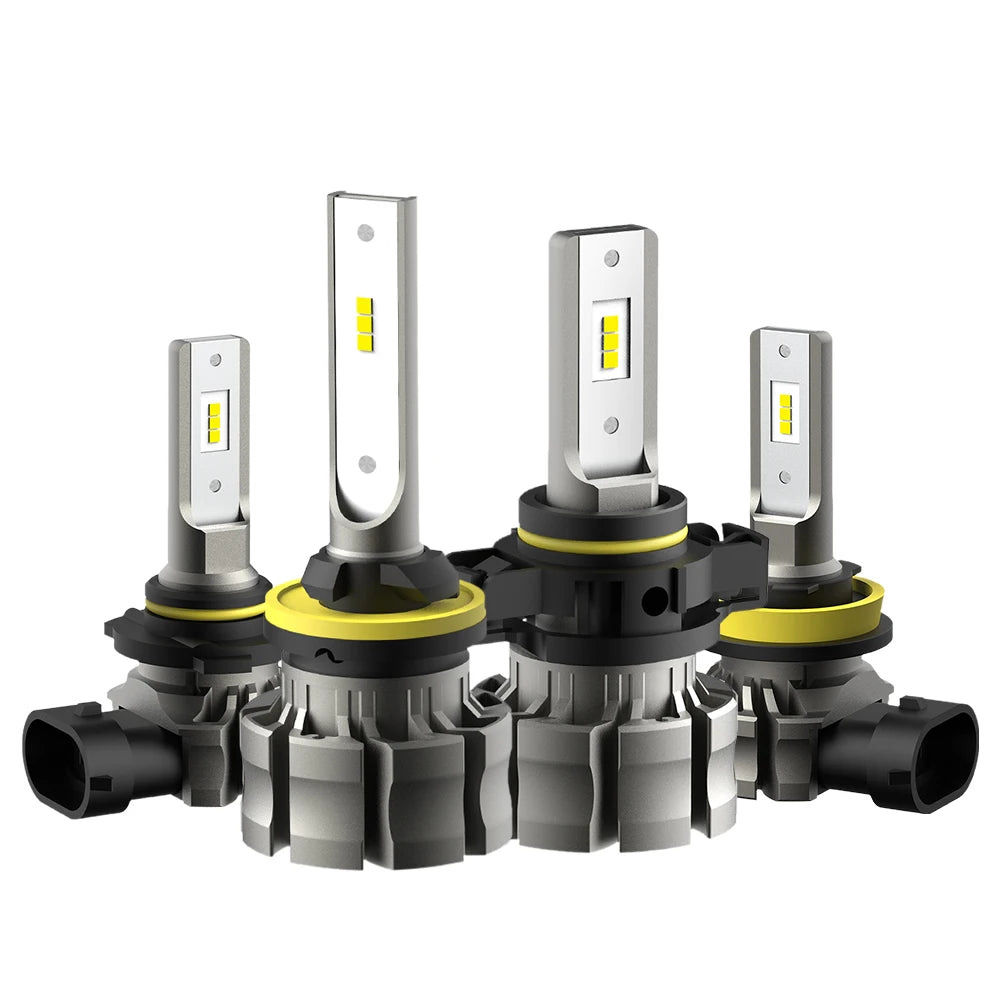 A pair of high-performance LED fog light bulbs with silver bases and yellow or white light emitters.