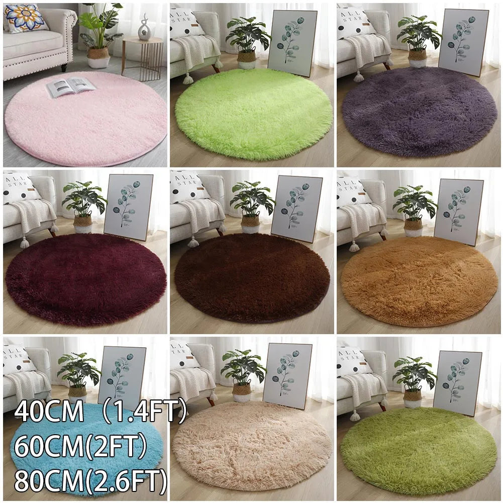 A collection of ultra-soft shaggy round rugs in various colors including pink, green, purple, brown, and beige.