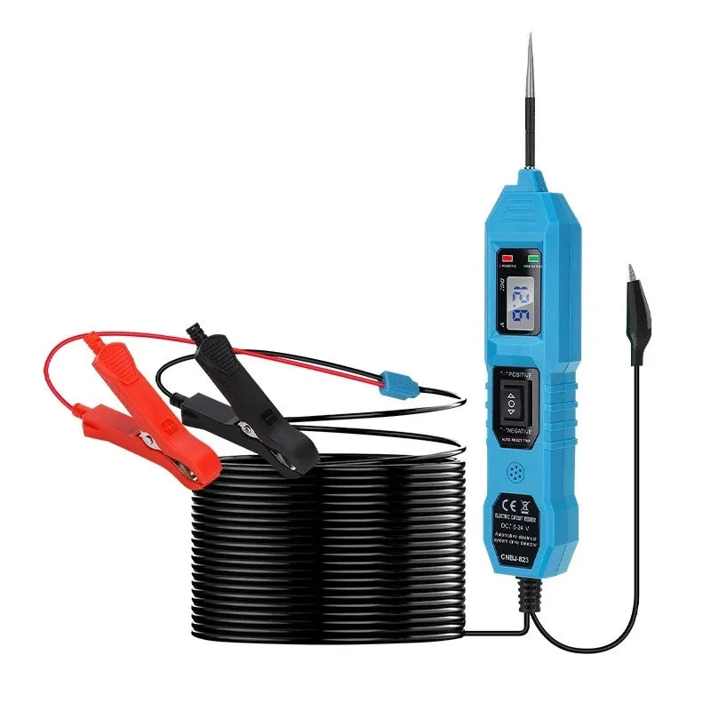 A blue automotive circuit tester device with an LED voltage display and a black cable.