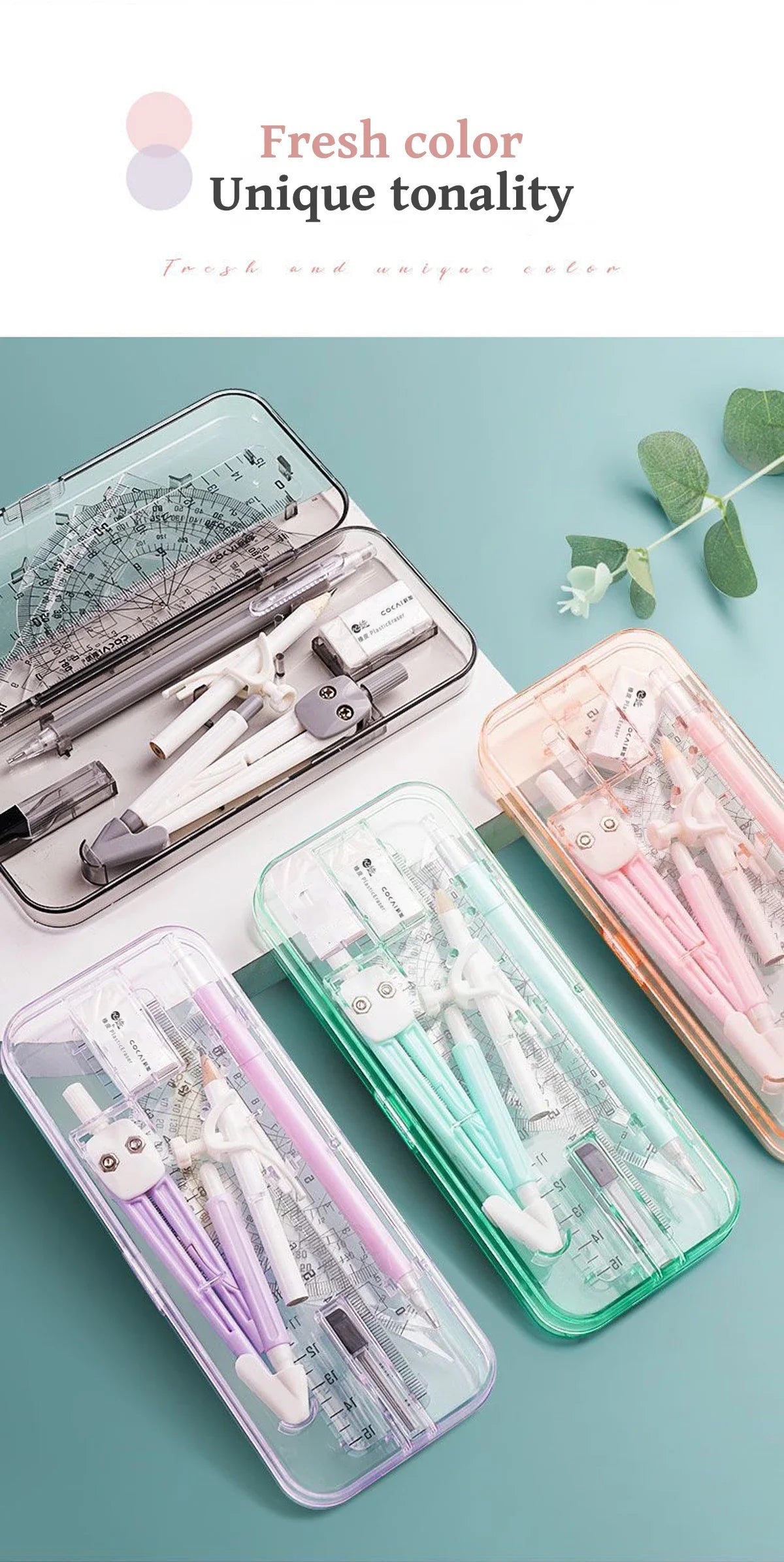 A collection of clear plastic tools including rulers, compasses, and protractors for geometry drawing.