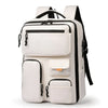 A white travel backpack with black trim and a laptop compartment visible from the back.