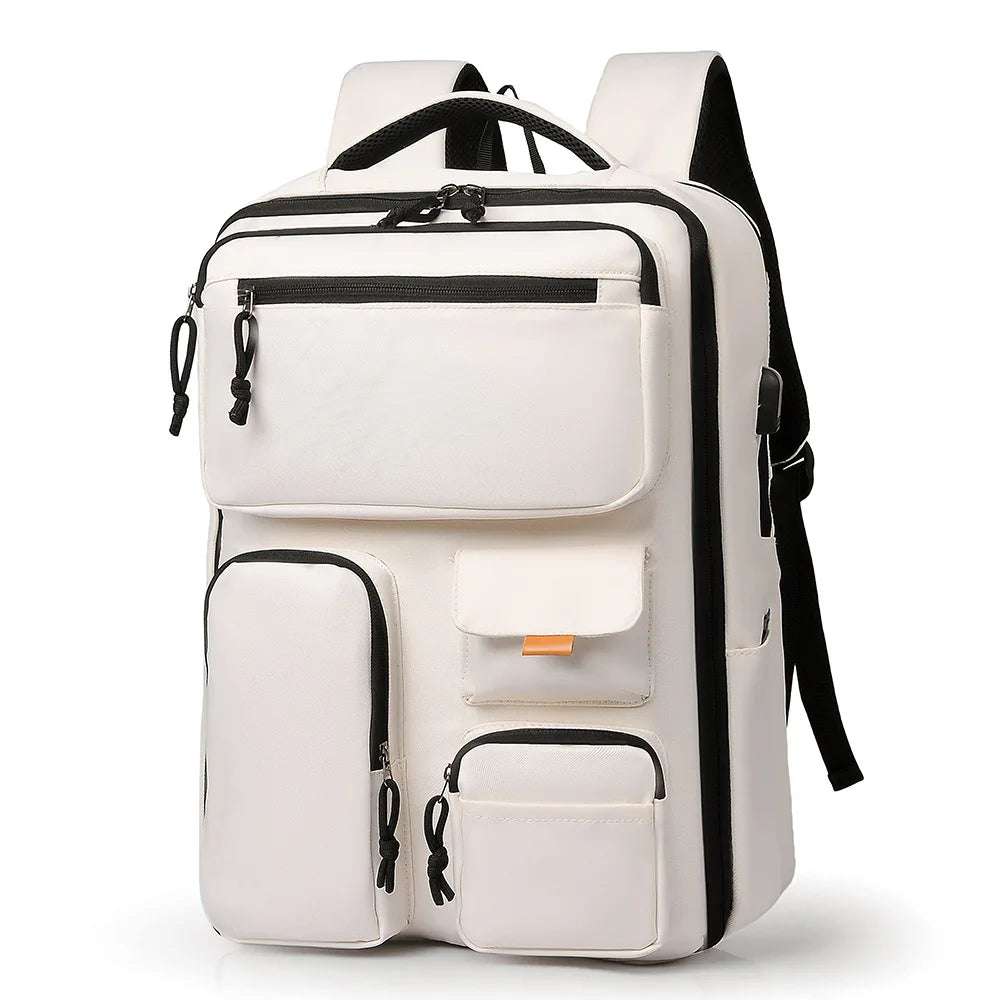 A white travel backpack with black trim and a laptop compartment visible from the back.