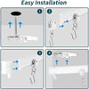 Four steps showing the easy installation of a flexible bendable ceiling curtain track kit with hooks.
