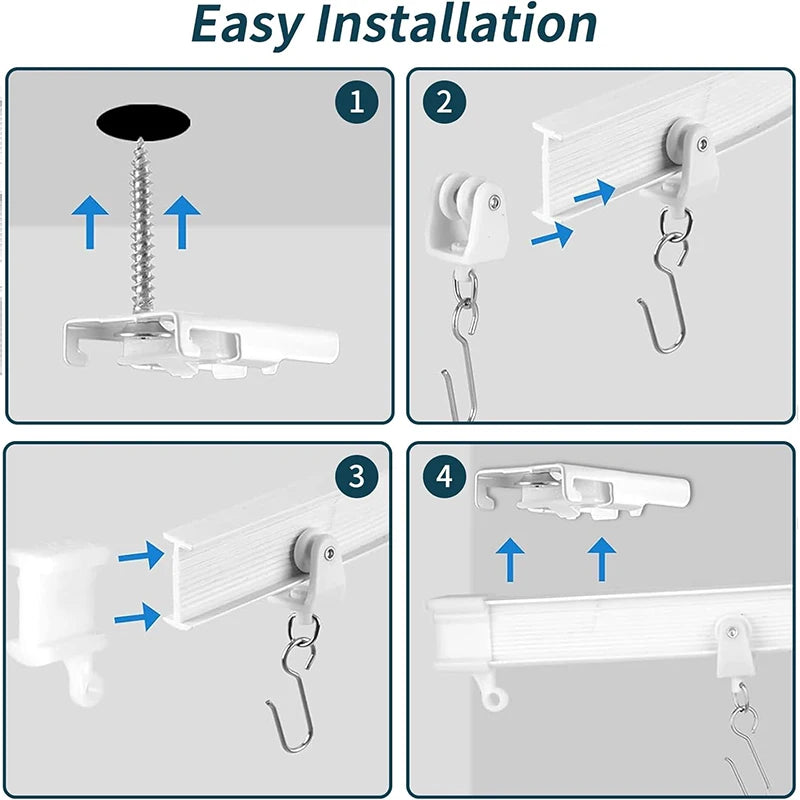 Four steps showing the easy installation of a flexible bendable ceiling curtain track kit with hooks.