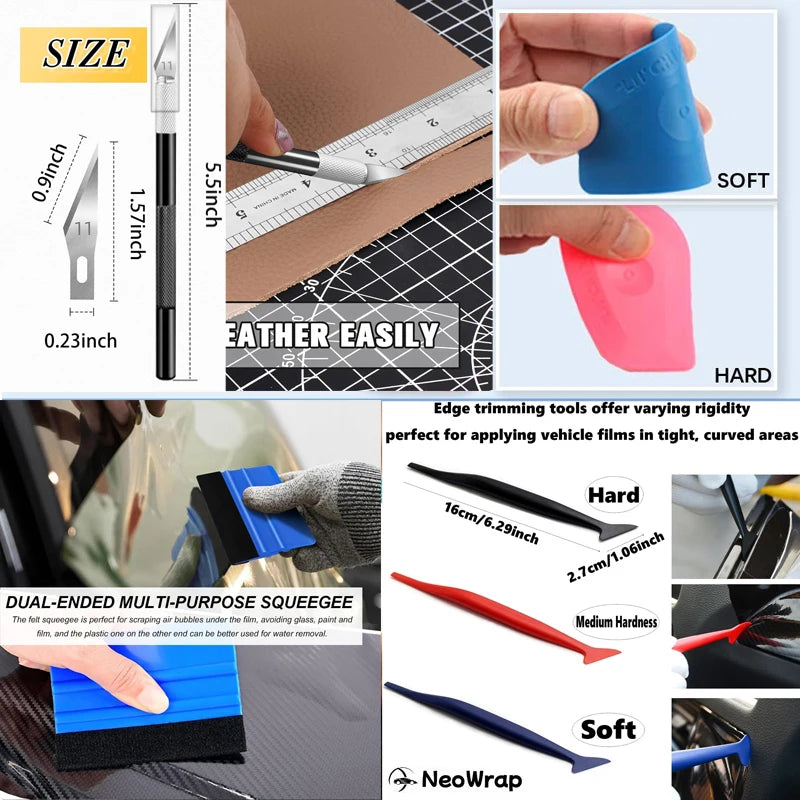 A set of edge trimming tools and a dual-ended multi-purpose squeegee for applying vehicle films.
