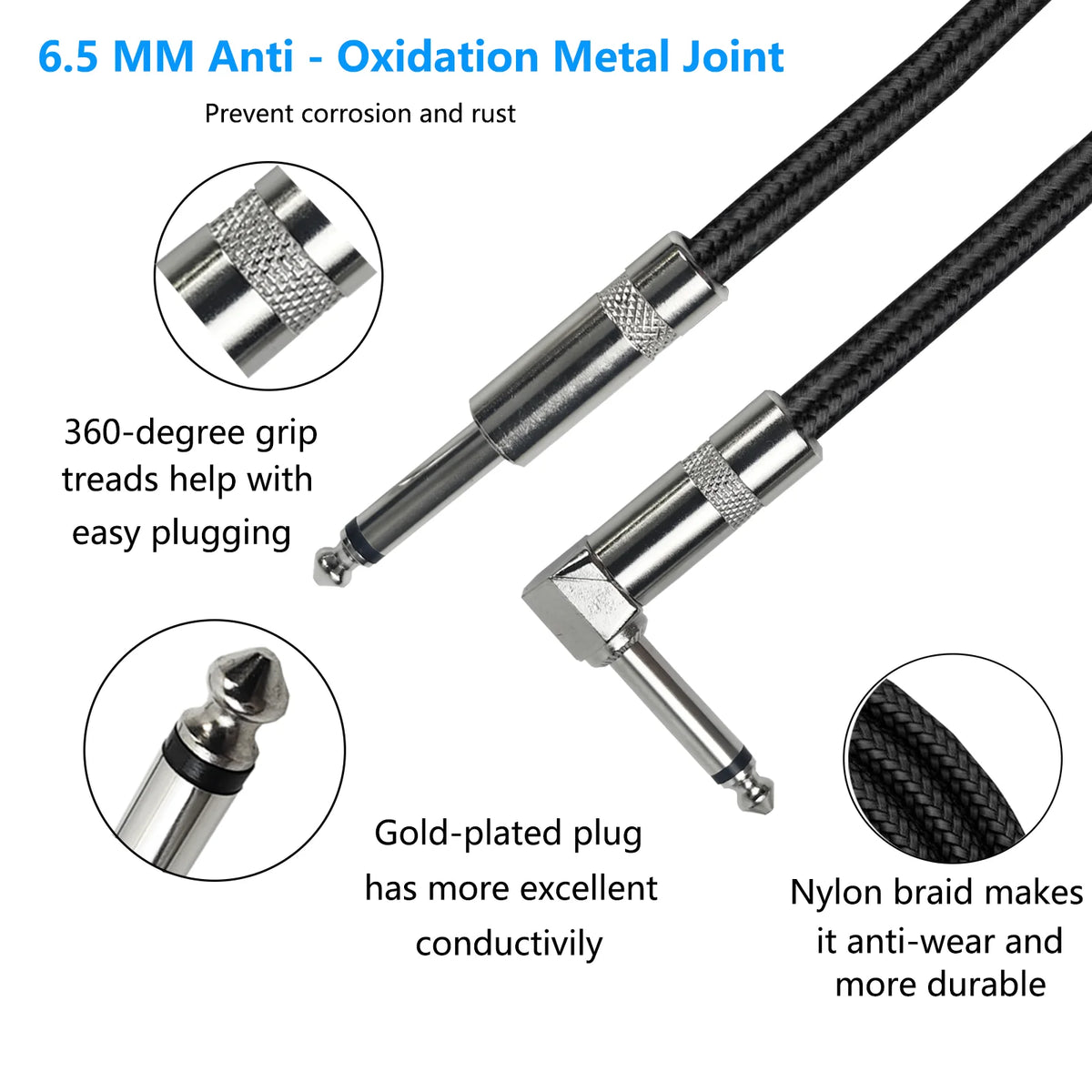 Close-up view of a 6.5 mm anti-oxidation metal joint and nylon braid for a guitar cable.