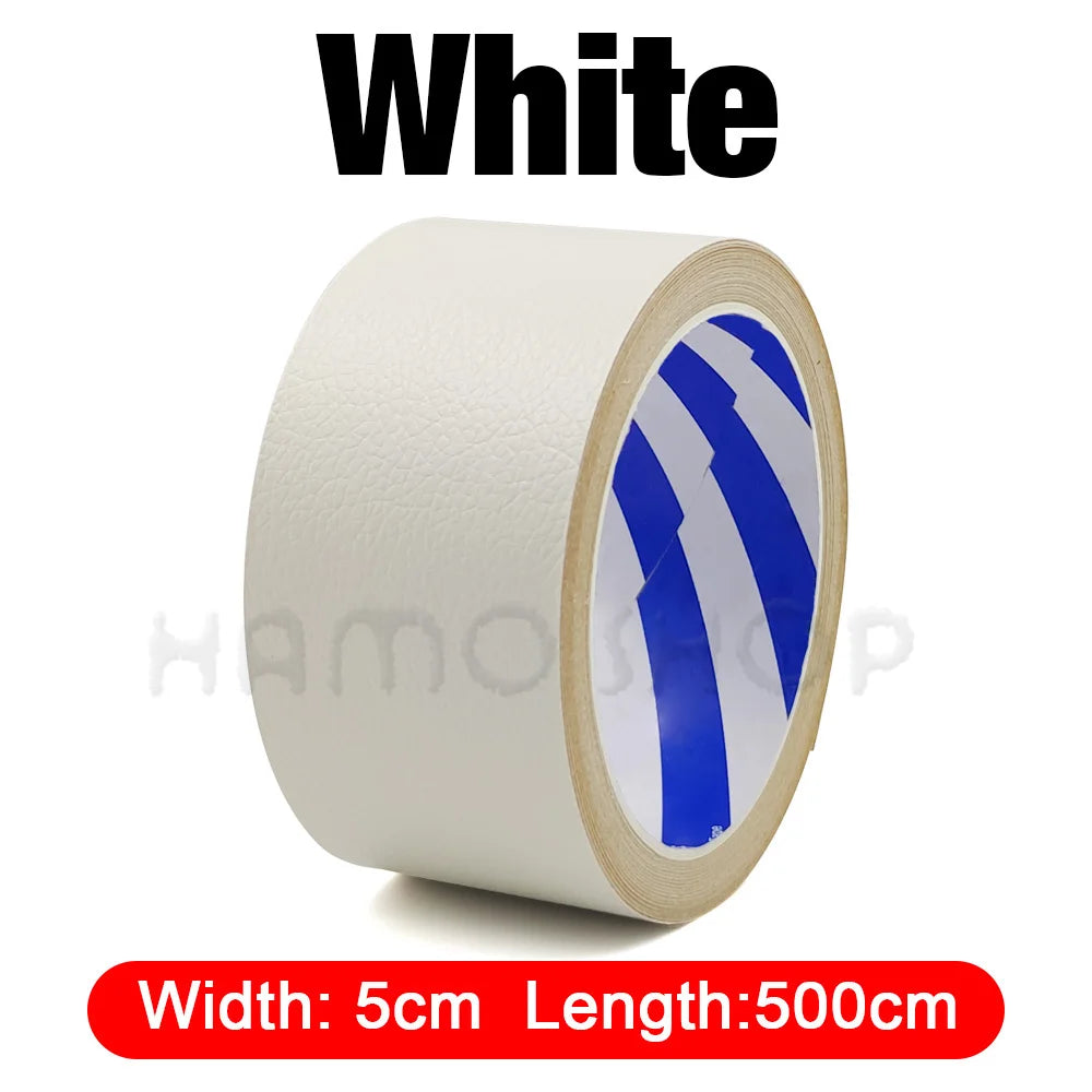 White self-adhesive PU leather repair patch roll with blue stripes, measuring 5cm width and 500cm length.