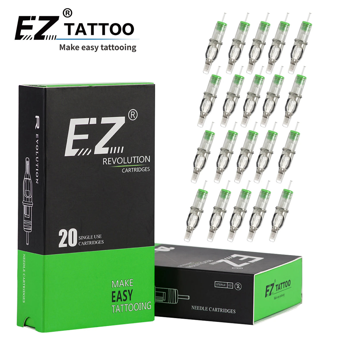 Box of EZ Tattoo cartridges with 20 single-use needles and an F7 Tattoo kit.