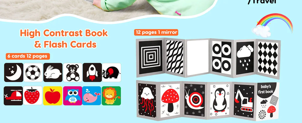 A set of high contrast baby flash cards and a mirror for learning