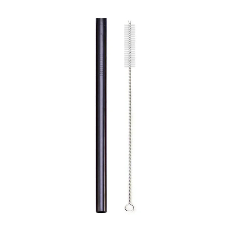 A reusable 304 stainless steel drinking straw with a cleaning brush.