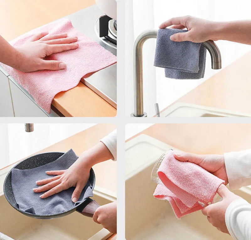 Hands are shown using reusable microfiber cleaning towels to wipe a sink and a stovetop.