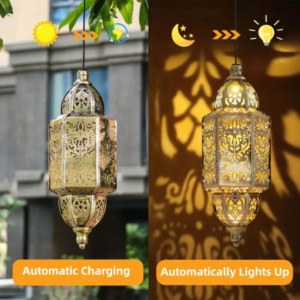 A decorative brass solar-powered Moroccan lantern hanging outdoors with automatic charging and lights.