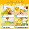 User instructions showing how to open the cap, insert a pad into the holder, pour bait inside, and close and hang the trap.